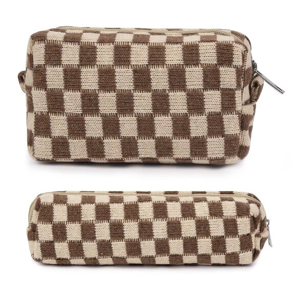 New 2 Pack Large Capacity Checkered Makeup & Brush Storage Bag Travel Organizers - Picture 9 of 10